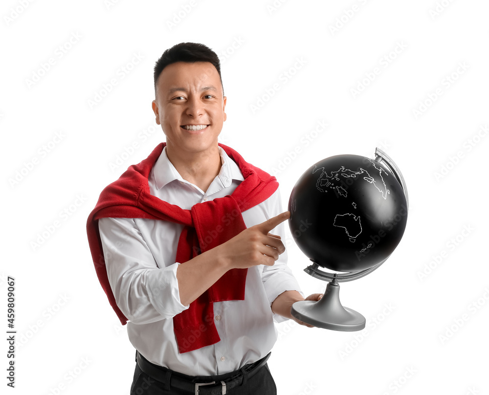 Portrait of Asian teacher with globe on white background