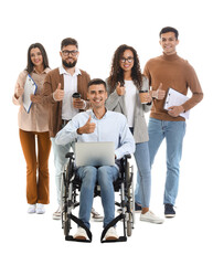 Wall Mural - Man in wheelchair with his colleagues on white background