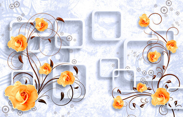 Wall Mural - orange flowers on 3d white square background wallpaper for walls.