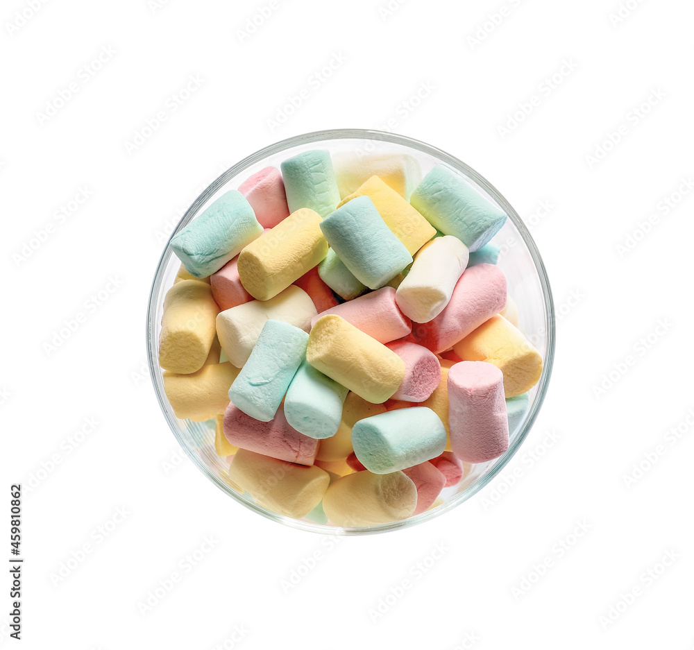 Bowl with sweet marshmallows on white background