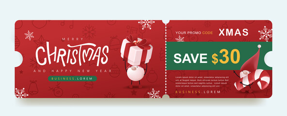 Wall Mural - merry christmas gift promotion coupon banner with cute gnome and festive decoration for christmas