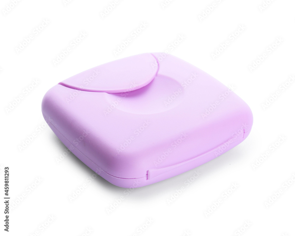 Plastic box for storing women's tampons on white background
