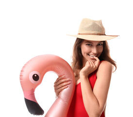 Poster - Young woman with inflatable ring on white background