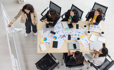 Wall Mural - High view of six business women working and one woman presenting charts and graphs papers with tablets and laptops on the table. Concept for business meeting