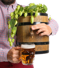 Man in traditional  German clothes and with beer on white background