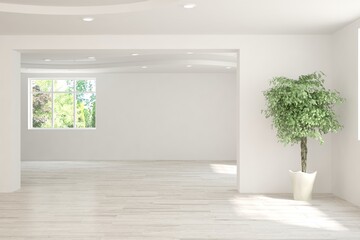 White empty room with summer landscape in window. Scandinavian interior design. 3D illustration