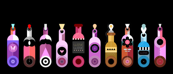 Wall Mural - Colored isolated on a black background decorative bottles vector illustration. Row of ten different wine bottles. Each bottle is placed on a separate background.