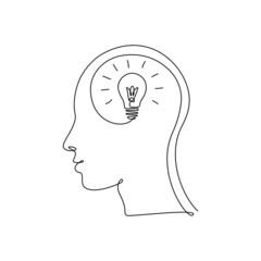 Poster - Continuous one line drawing light bulb inside head. Concept of creative idea, education and imagination in linear style. Doodle Vector illustration