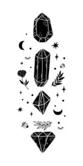 crystal, moon, geometric occult graphic element. black mystical crystals, flowers, moon. celestial g