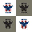 Set of color illustrations of eagle, text and flag on the background. Design element for poster, banner, emblem, sticker and label. Vector illustration. Symbols of the USA.