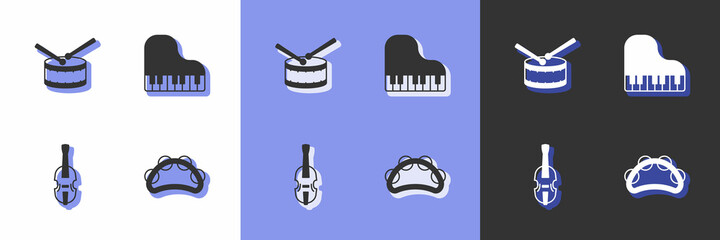 Set Tambourine, Drum with drum sticks, Violin and Grand piano icon. Vector