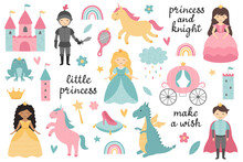 Vector Set Of Little Princesses, Prince, Knight, Dragon, Unicorn, Carriage, Castle, Frog, Crown, Shoe, Mirror, Rainbow, Cloud, Magic Wand. Childish Design For Birthday Invitation, Poster, Clothes.