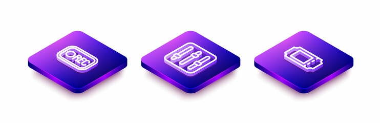 Sticker - Set Isometric line Record button, Sound mixer controller and Cinema ticket icon. Vector