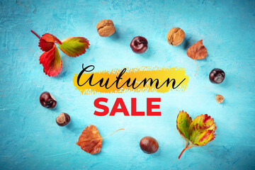 Poster - Autumn Sale banner with fall leaves and chestnuts, overhead flat lay shot on a blue background