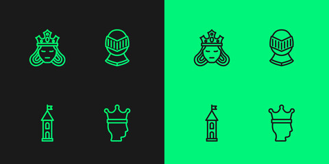 Sticker - Set line King crown, Castle tower, Princess or queen and Medieval helmet icon. Vector