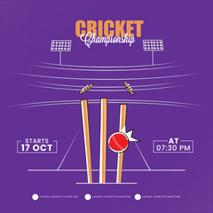 Sticker - Cricket Championship Concept With Ball Hitting Wicket Stumps On Purple Stadium Background.