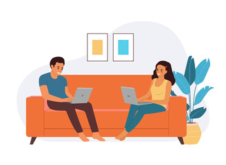 Wall Mural - Young man and woman sitting on the couch with laptop. Home office. Vector flat style cartoon illustration