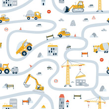 Cute Children's Seamless Pattern With Yellow Car Dump Truck, Crane, Road, Signs On White Background. Illustration Construction Site In Cartoon Style For Wallpaper, Fabric, And Textile Design. Vector