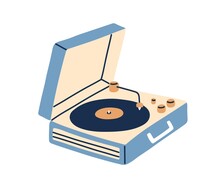 Portable Turntable With Vinyl Playing. Retro Music Record Player In Suitcase Of 50s. Old Gramophone With Analog Grooved LP Disc. Flat Vector Illustration Of Phonograph Isolated On White Background