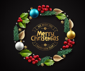Wall Mural - Merry christmas wreath vector background design. Christmas greeting text with xmas ornament elements for holiday season decoration. Vector illustration. 
