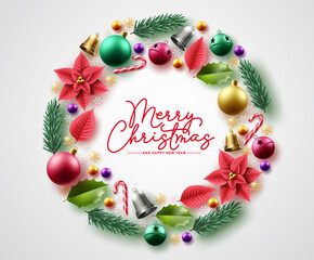 Wall Mural - Merry christmas wreath vector background design. Christmas greeting text with xmas ornament elements for holiday season card decoration. Vector illustration. 