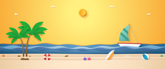 Wall Mural - Landscape of boat sailing on wavy sea, summer stuff and coconut tree on beach with bright sun in sunshine sky for Summer in paper art style