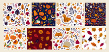 Collection Of Autumn Seamless Patterns With Pumpkins, Leaves, Animals And Halloween Symbols