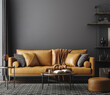 © artjafara - Black living room interior with leather sofa, minimalist industrial style, 3d render