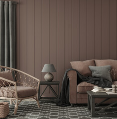 Cozy brown farmhouse living room interior, wall mockup, 3d render