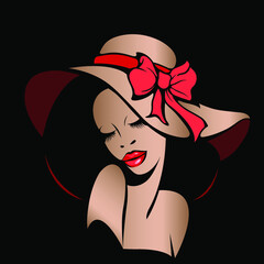 Wall Mural - Beauty salon logo.Beautiful African American woman portrait.Afro hairstyle icon.Spa, aesthetics, beautician, fashion business.Elegant, luxury, glamour style ribbon bow hat accessory.Face makeup.