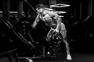 Young athletic man pumping up muscles in the gym at workout. Sport and health care concept background