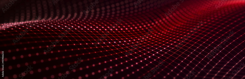 Particle stream. Red wave background with many glowing particles ...