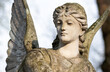 A sculpture of an angel with wings. Close-up on the face. Blurred sky in the background.