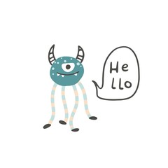 Wall Mural - Cyclops monster with horns. He says hello. Cute cartoon character in simple hand drawn scandinavian style. Vector childish doodle illustration. Baby card, print for clothes.