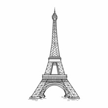 Drawing, Engraving, Ink, Line Art, Vector Illustration Eiffel Tower Sketch In Silhouette On A White Background.