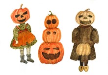 Scary Watercolor Halloween Greeting Card. A Set Of Hand-drawn Retro-style Children With A Large Pumpkin On Their Head. A Stack Of Carved Pumpkins. Jack O Lantern Set. Isolated On A White Background.