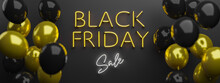 BLACK FRIDAY SALE neon sign header with gold and black balloons on the sides. 3d rendering