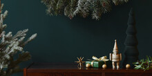 Christmas Composition With Decoration, Christmas Tree, Gifts And Accessories In Cozy Home Decor. Copy Space. Template.