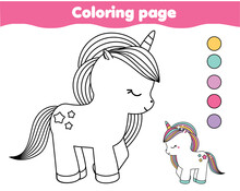 Coloring Page With Cute Unicorn. Drawing Kids Activity. Printable Fun For Toddlers And Children