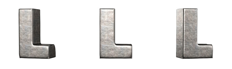 Letter L from a scratched iron letters collection. Isolated. 3D Rendering