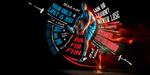 Poster. Sportive young man, professional basketball player in motion and action with ball isolated on dark background with lettering, graphics
