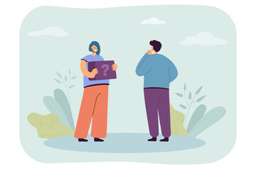 Canvas Print - woman asking question to man. tiny curious female person holding box with question mark flat vector 