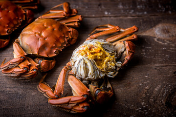 Cooked hairy crabs on the table, Closeup. The hairy crab and rich crab cream.