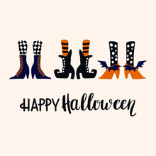 Cute Witches Legs And Lettering. Halloween Concept. Hand Drawn Illustration For Your Project. Minimal Style.