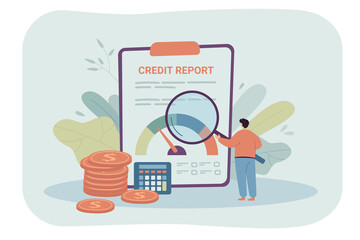 Wall Mural - Cartoon businessman checking credit report through magnifier. Person studying document or credit card information, payment history review flat vector illustration. Finances or money business concept