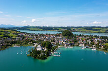 Austria, Salzburg, Mattsee, Drone View Of Lakeshore Town In Summer