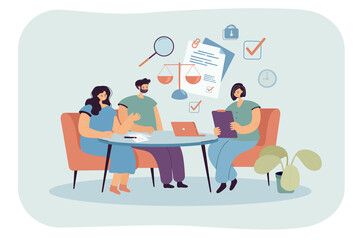 Wall Mural - Married cartoon couple in consultation with lawyer in office. Judge giving legal advice to clients before signing financial contract flat vector illustration. Law, divorce concept for banner