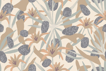 Wall Mural - Hand drawn floral seamless pattern. Pastel colored abstract background with plants, stones and abstract shapes. Botanical illustration.