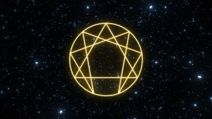 Wall Mural - Enneagram symbol in yellow color on a background of the universe with moving stars. Looping video