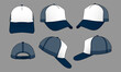 Navy Blue-White Trucker Style Cap With Mesh Four Panel Back and Adjustable Snap Back Strap Design On Gray Background, Vector File
